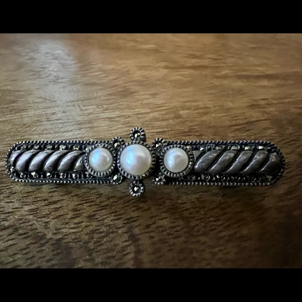 COPY - COPY - Vintage Marcasite, silver and pearl costume jewelry brooch